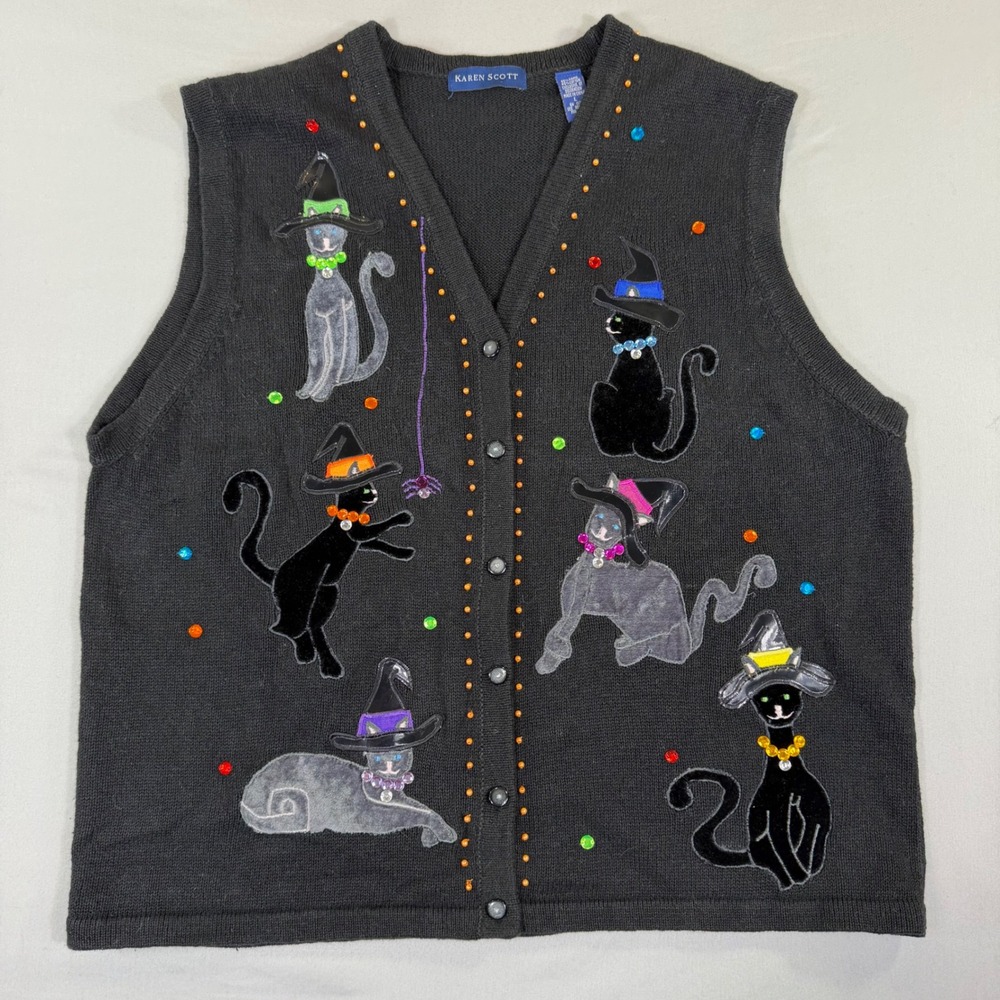 Halloween Sweater Vest Large Cats Whimsigoth Black Witch Sequins Beads Whimsical